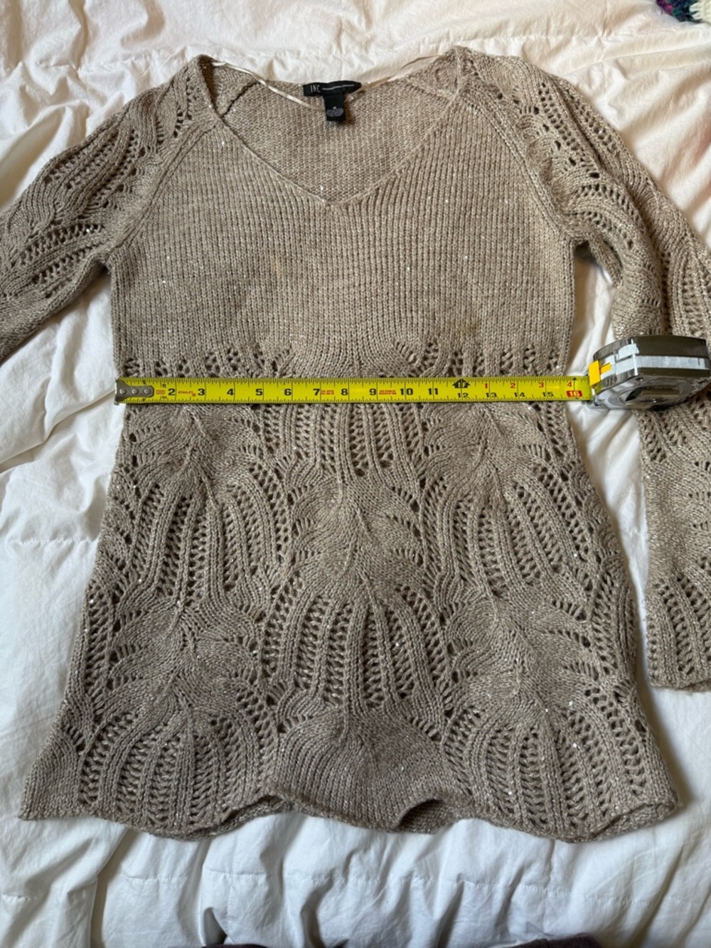 INC International Concepts Taupe Knit V-Neck Sweater with sequin detail - Picture 3 of 7